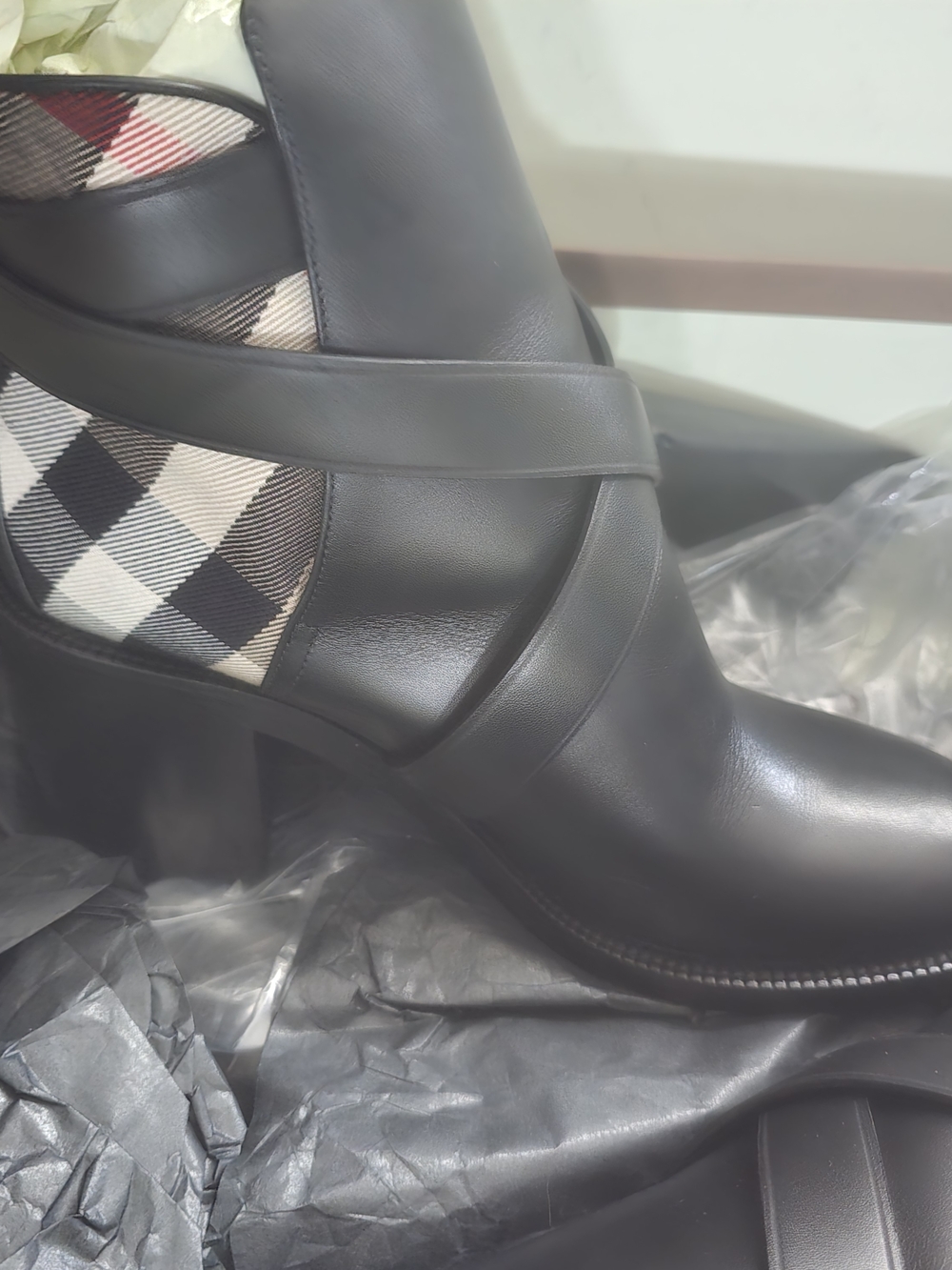 Burberry Black Leather Ankle Boots with Signature Check Panel - Picture 2 of 4